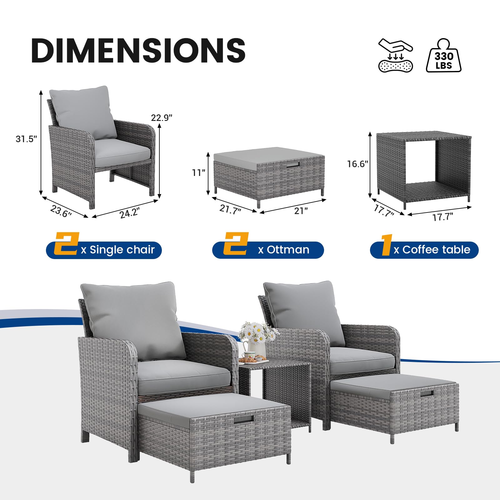 UDPATIO 5 Piece Patio Chairs with Ottoman Balcony Furniture, Wicker Outdoor Patio Furniture with Conversion Sofa Ottoman for Deck, Porch