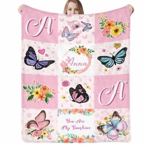 custom butterfly blanket with name personalized blankets pink flower customized name kids toddler for girls soft fleece blanket newborn swadding blanket nursery stroller for birthday, christmas