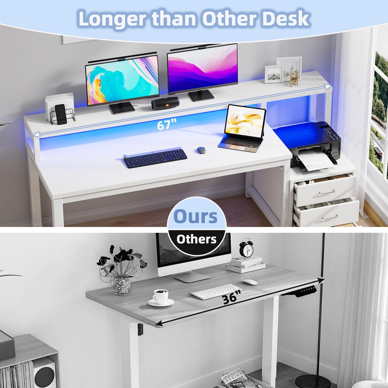 White Desk with 3 Drawers, 67 Inch White Computer Desk with Long Hutch, Home Office Desk with Storage, Home Office Desk with LED Light and Printer Stand, Heavy Duty Leg, Monitor Shelf for Bedroom