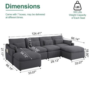 ISHUHL Modular Sectional Sofa, 124.41" U Shaped Couch with Corduroy, Convertible 6 Seat Cloud Couch with Ottomans, Dark Grey Oversized Sectional Couches for Living Room