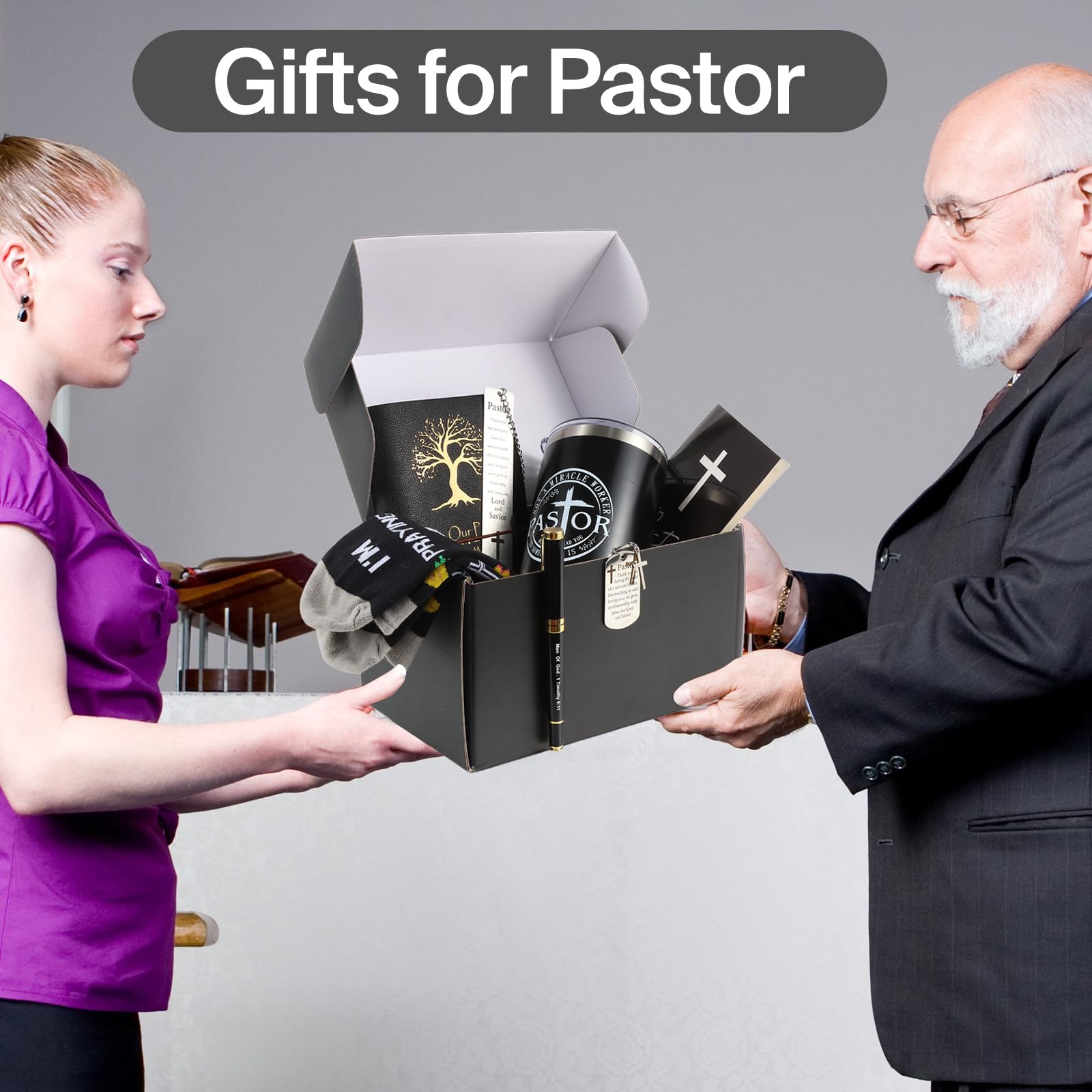 Bayelove Pastor Appreciation Gifts for Men Christian Pastor Gifts Unique Pastor Gifts for Pastors Including Leather Journal Pastor Tumbler Keychain Socks Pen Bookmarks Gift Card for Birthday Christmas