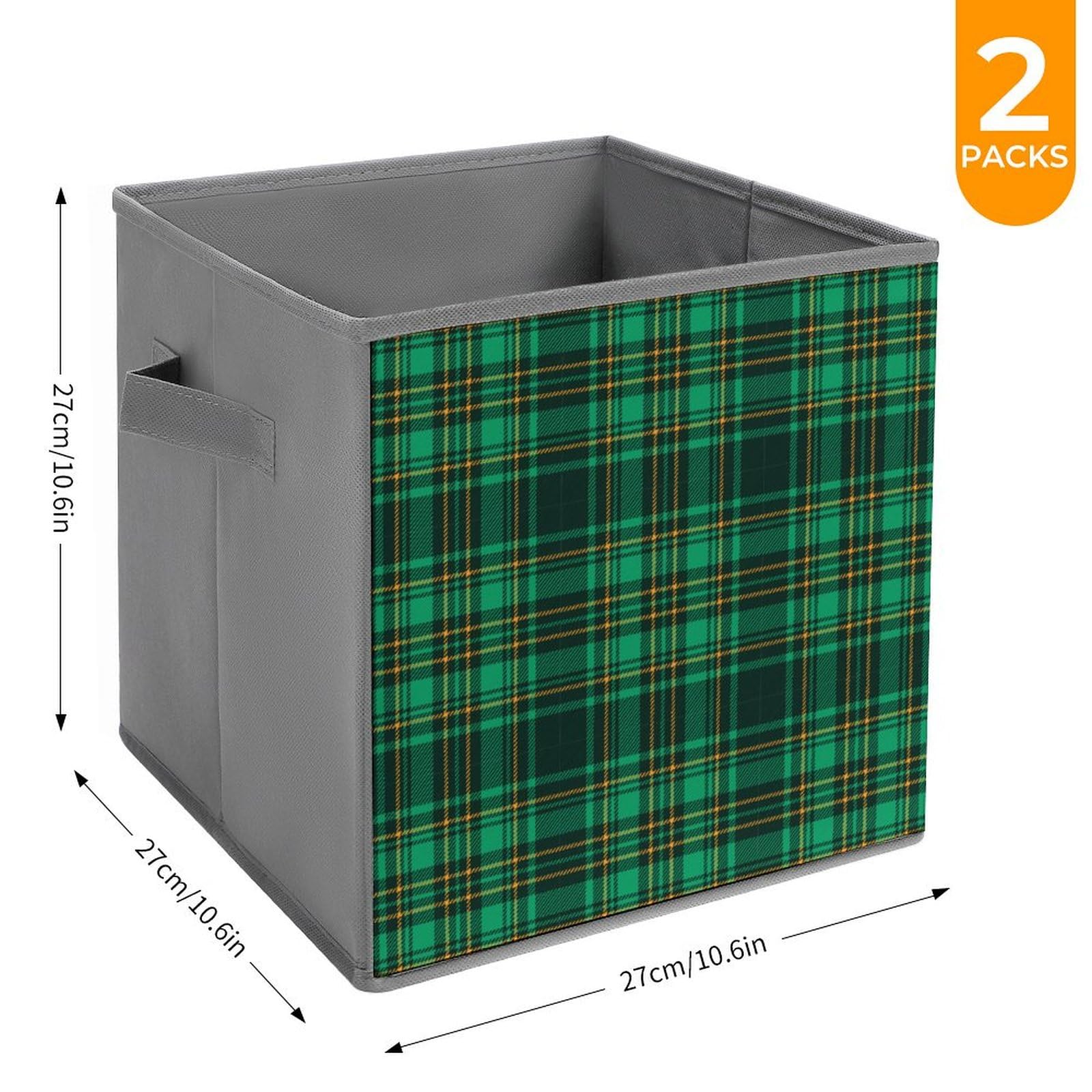 CWECVWE Fabric Storage Cubes Green Scottish Tartan Plaid, Pack of 2 Foldable Storage Bins with Handles for Organizing Pantry, Closet, Shelf, Toy Box, Cubby