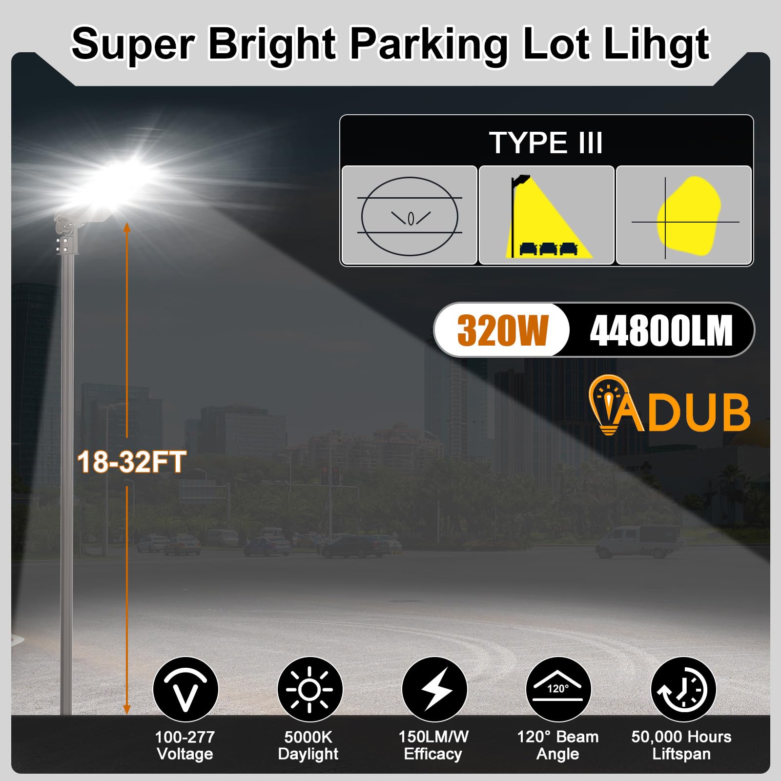 ADUB 320W LED Parking Lot Light with Photocell, UL Listed LED Shoebox Light, 150W/120W/90W LED Post Light 21,000 LM