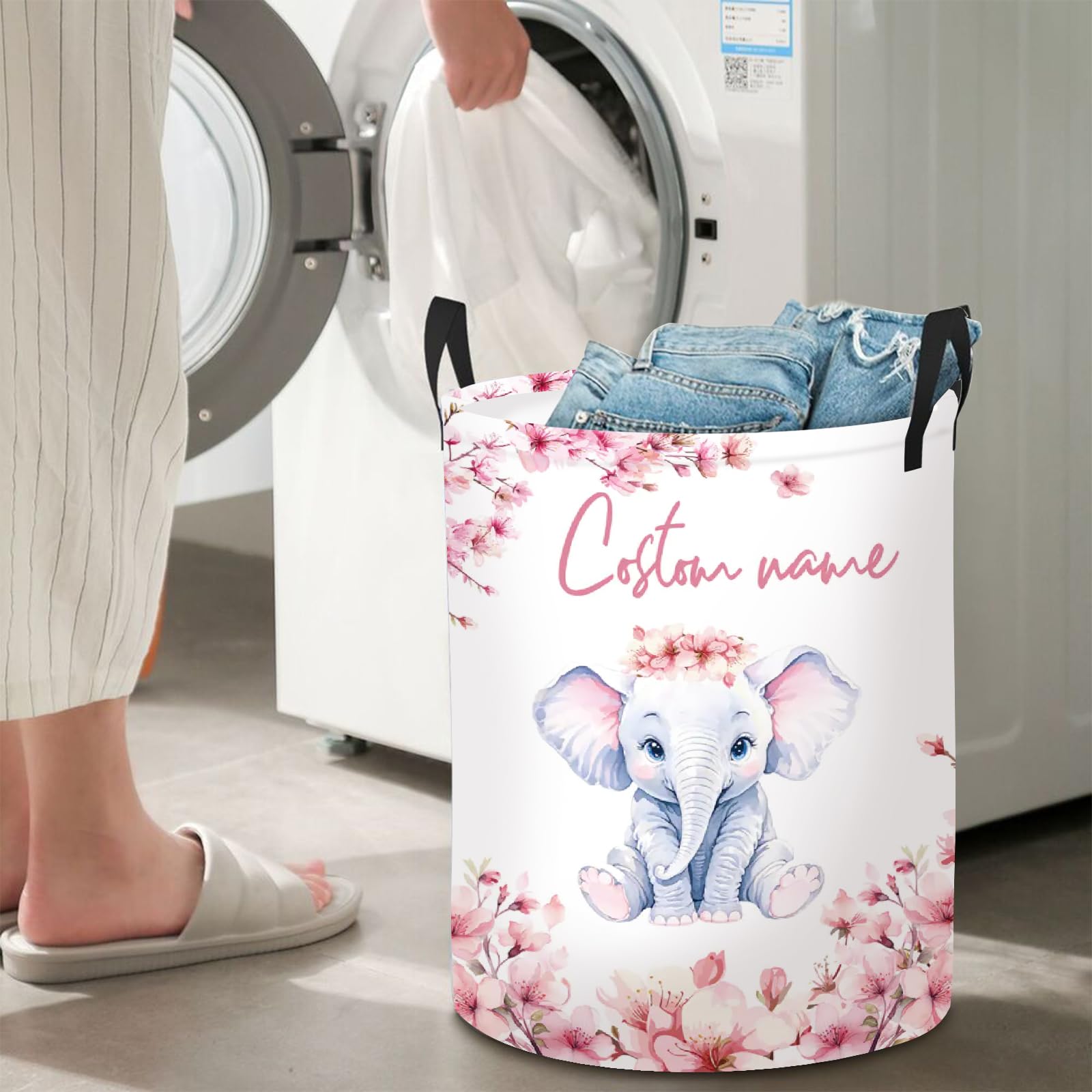 Rucekia Custom Name Laundry Hamper Kids with Elephant Print, Personalized Laundry Basket for Nursery Girl, Customize Baby Name Laundry Baskets for Boys Girls Adults 2 Sizes