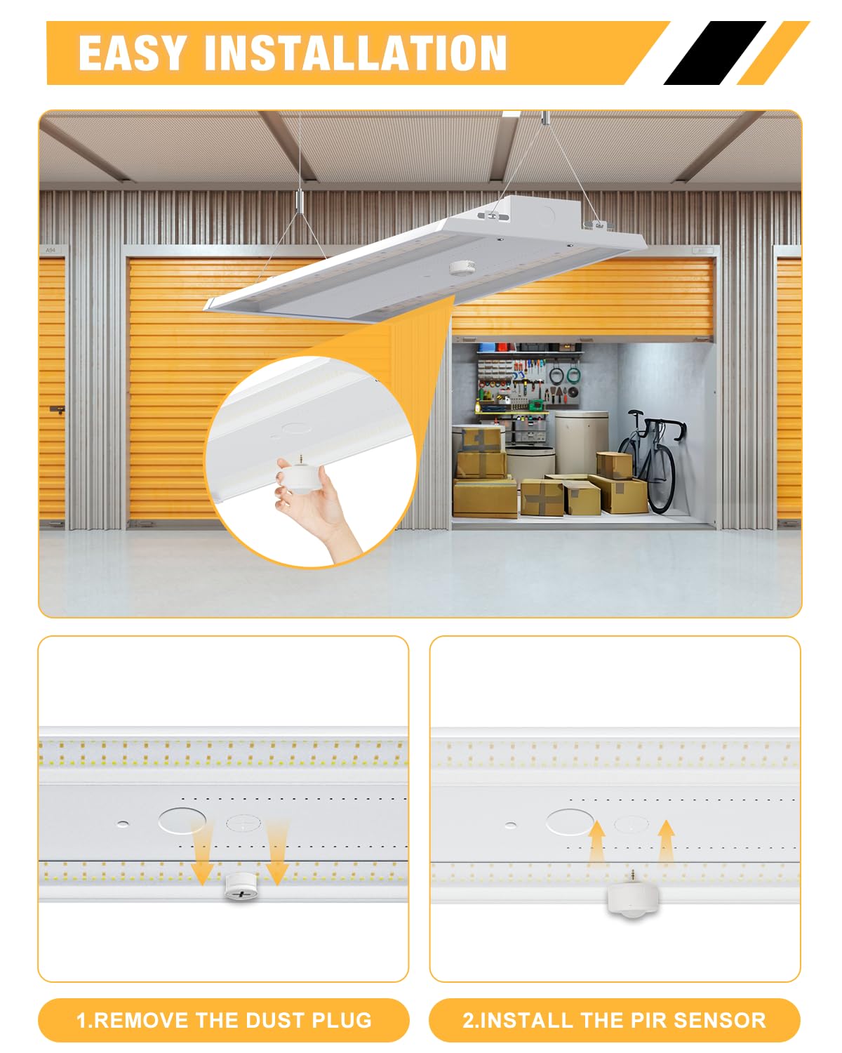 JC-LGL 210W LED Linear High Bay Light with PIR Sensor，LED High Bay Shop Lights Fixture, Compatible with Industrial 120-277V, LED Linear High Bay Light for Shop Garage Warehouse