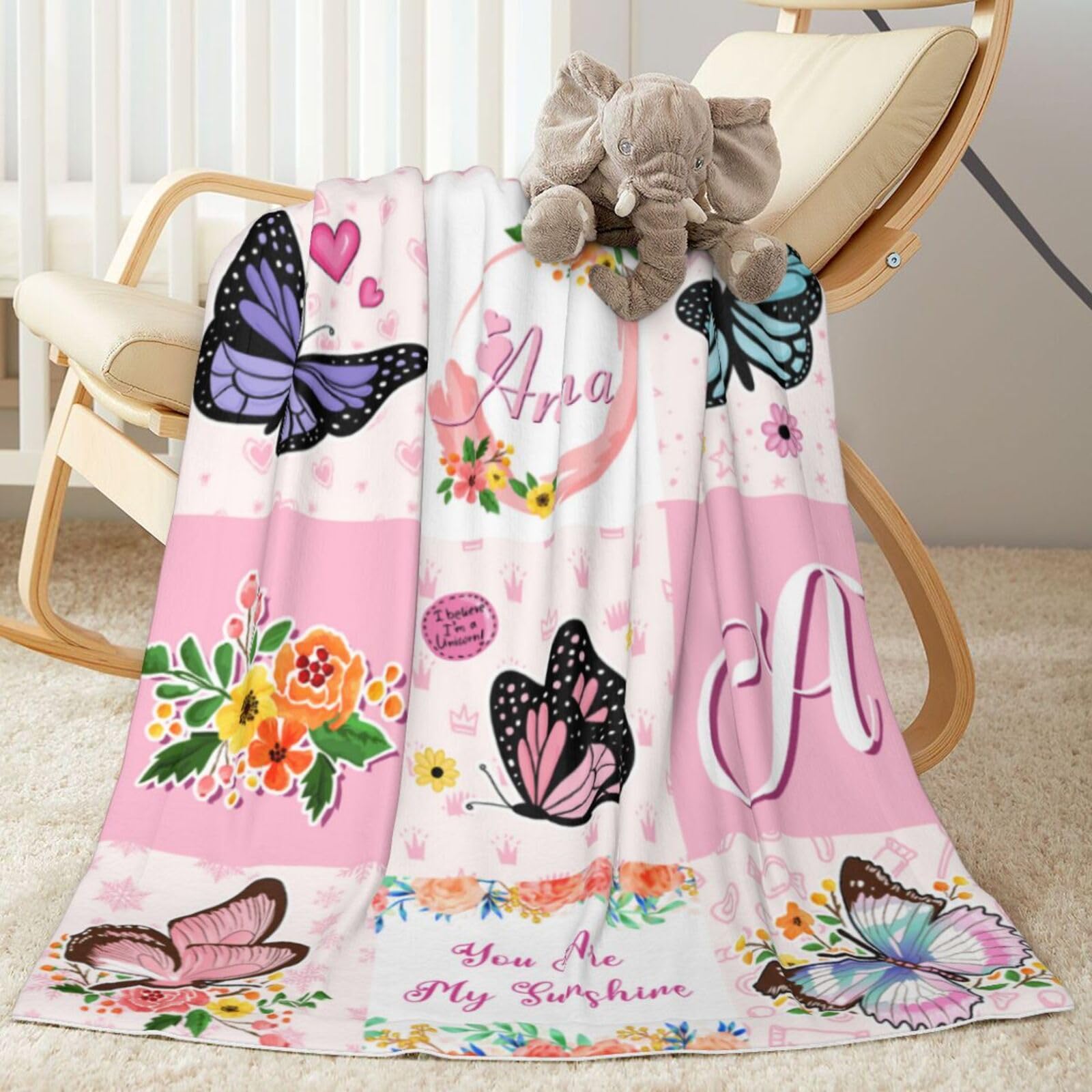 Custom Butterfly Blanket with Name Personalized Blankets Pink Flower Customized Name Kids Toddler for Girls Soft Fleece Blanket Newborn Swadding Blanket Nursery Stroller for Birthday, Christmas