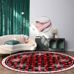 Red Christmas Round Area Rug 4ft Buffalo Plaid Farmhouse Snowflake Washable Outdoor Indoor Carpet Runner Rug for Bedroom,Kitchen,Bathroom,Living/Dining/Laundry Room,Office Large Bath Door Floor Mat