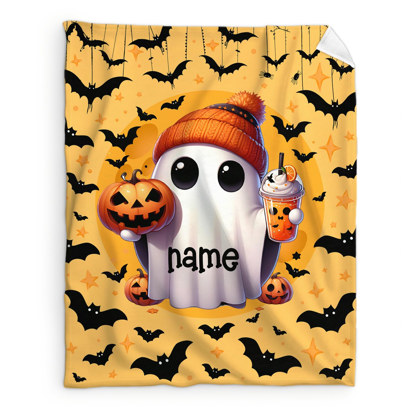 Custom Name Kids Boys Girls Throw Blanket - 40x30 Inches Small Halloween Blanket - Soft Plush Blankets for Chairs, Sofa - Orange Ghost Cute Fuzzy Throws Gifts for Decor