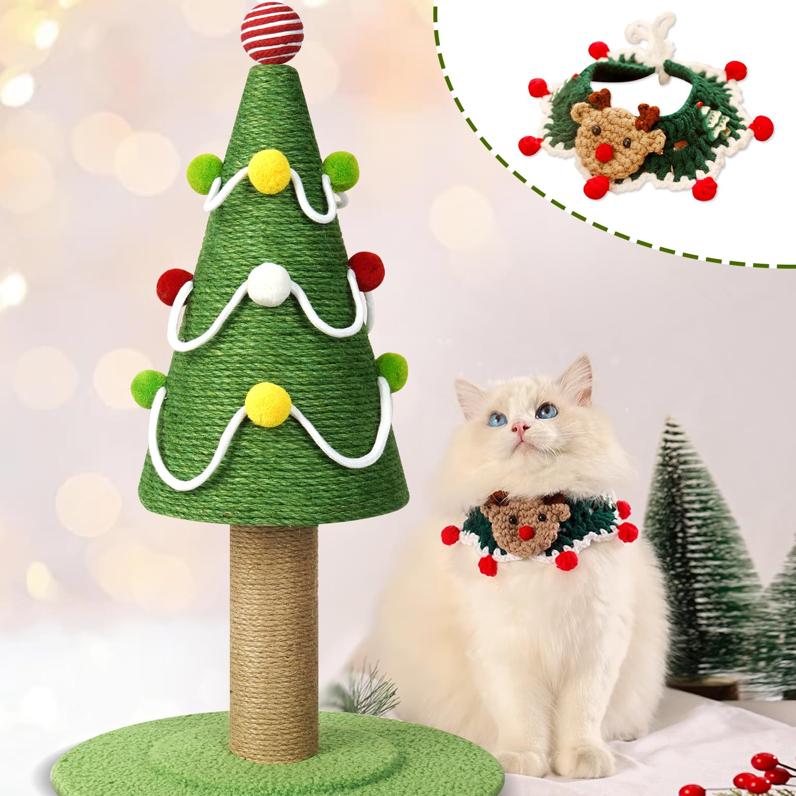 Christmas Tree Cat Scratching Post, Comes with A Christmas Cat Collar, Natural Sisal Rope Cat Tower to Satisfy Cats’ Claw Instincts, Christmas Decor Sisal Rope Cat Toys for Kitty and Adult Cats