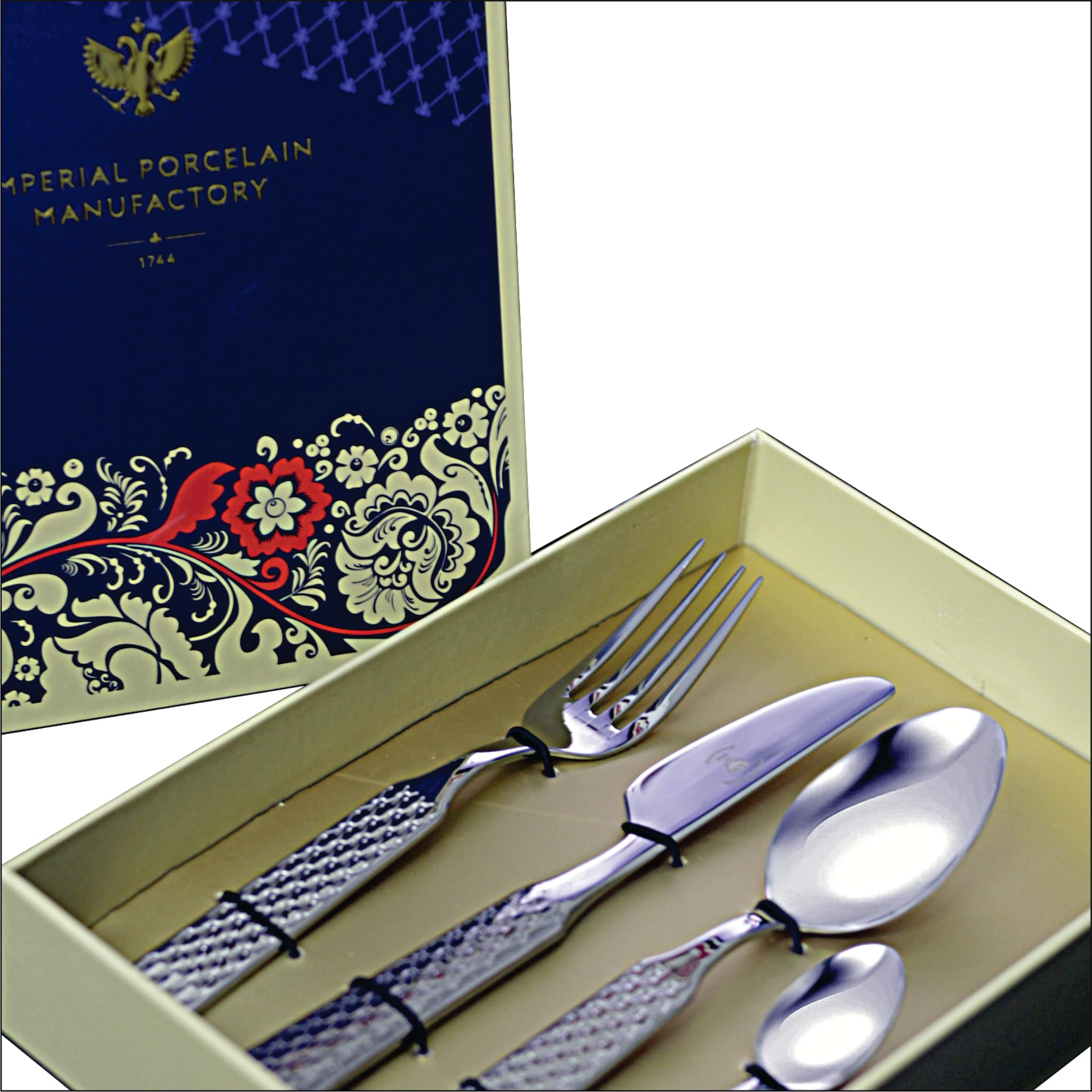 Lomonosov Imperial Porcelain Cobalt Net Blue Silverware Stainless Steel (Spoon, Fork, Knife) 4 Piece Set