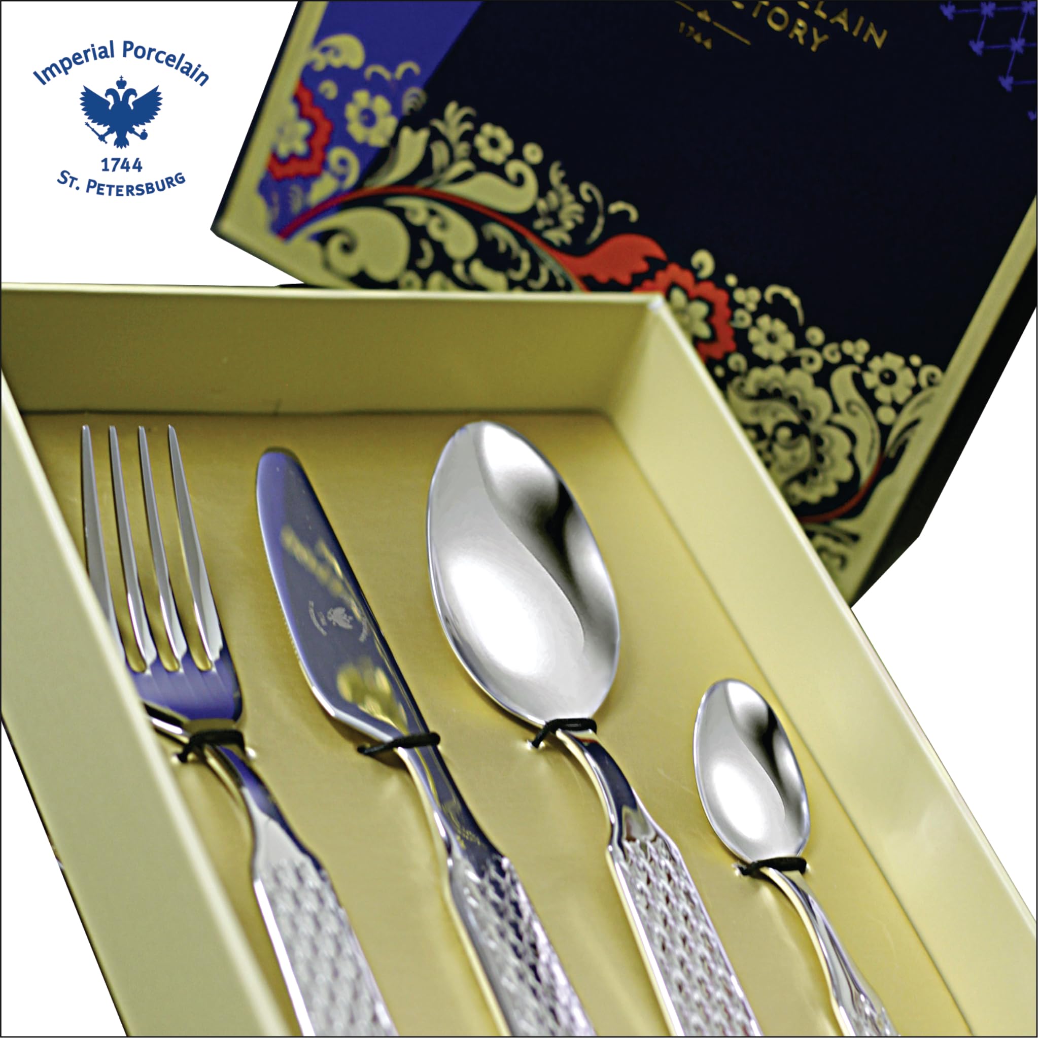 Lomonosov Imperial Porcelain Cobalt Net Blue Silverware Stainless Steel (Spoon, Fork, Knife) 4 Piece Set