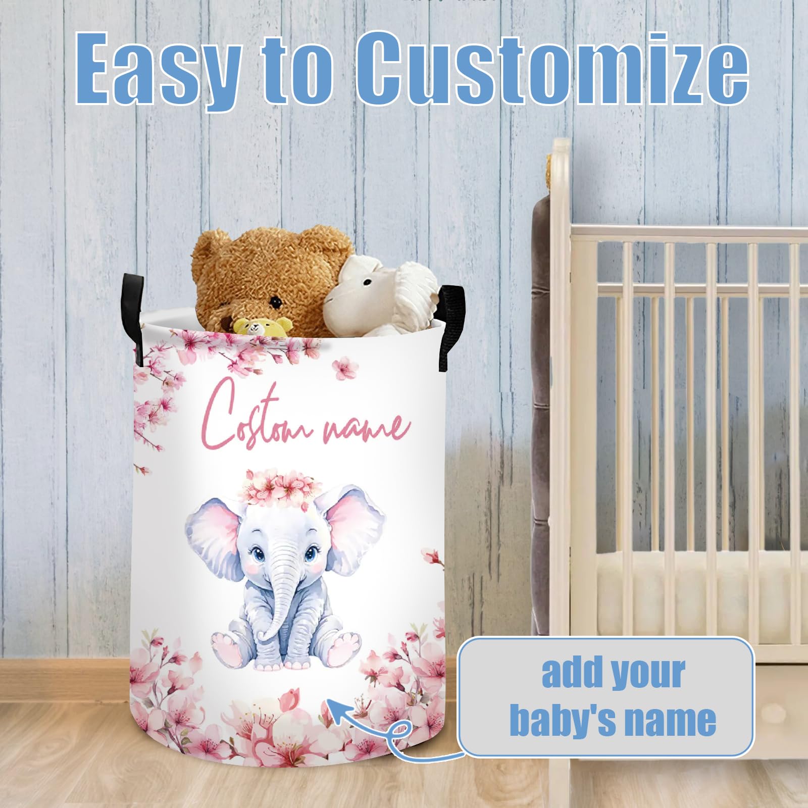 Rucekia Custom Name Laundry Hamper Kids with Elephant Print, Personalized Laundry Basket for Nursery Girl, Customize Baby Name Laundry Baskets for Boys Girls Adults 2 Sizes