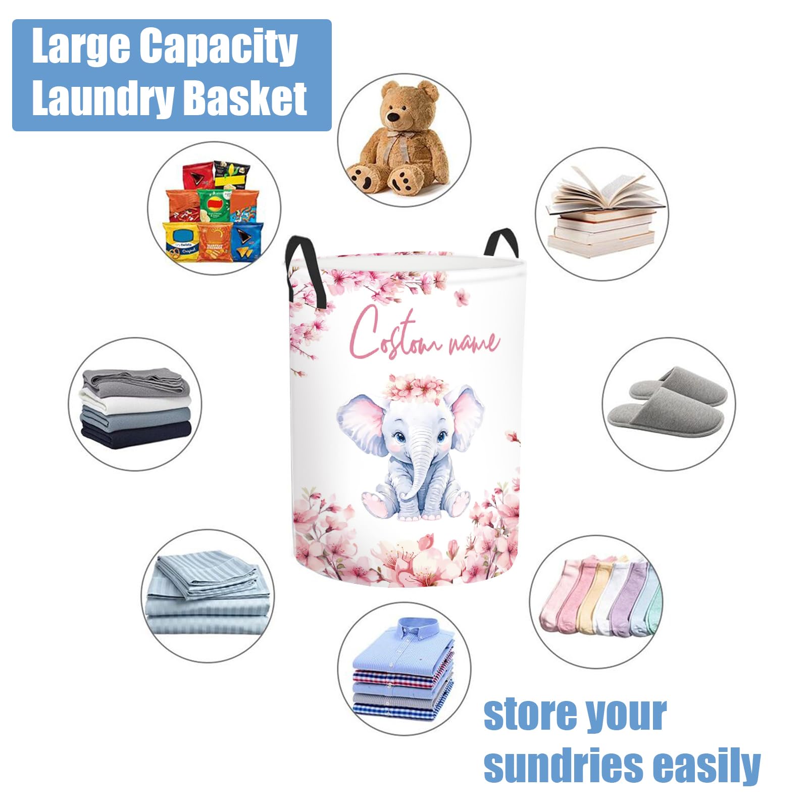 Rucekia Custom Name Laundry Hamper Kids with Elephant Print, Personalized Laundry Basket for Nursery Girl, Customize Baby Name Laundry Baskets for Boys Girls Adults 2 Sizes