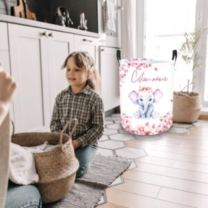 Rucekia Custom Name Laundry Hamper Kids with Elephant Print, Personalized Laundry Basket for Nursery Girl, Customize Baby Name Laundry Baskets for Boys Girls Adults 2 Sizes