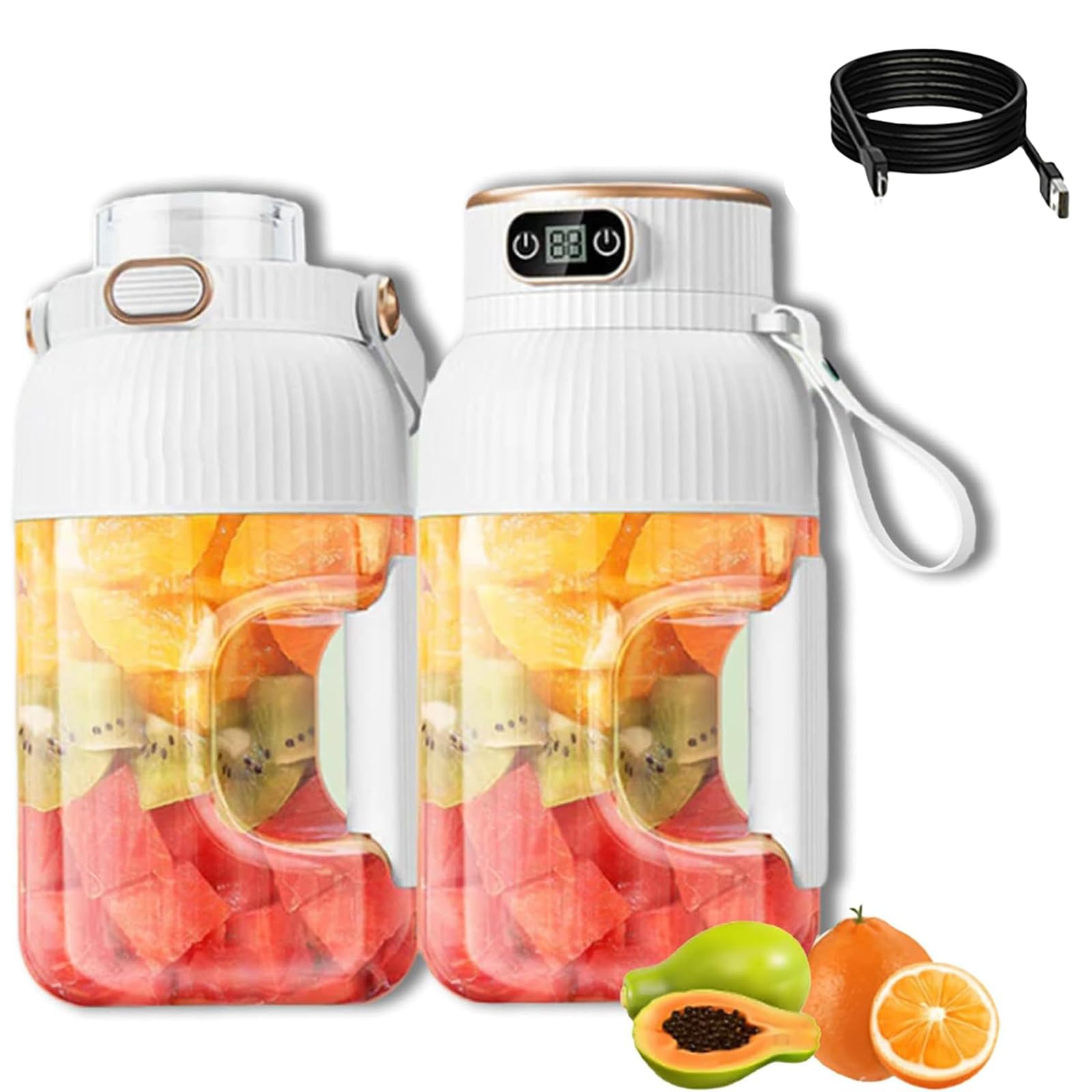 Multifunctional Portable Juicer Cup with Digital Display,USB Rechargeable Mini Portable Juicer,Personal Blender, Juice Cup Blender,Perfect For Smoothies, Shakes (A, Double cup double lid)