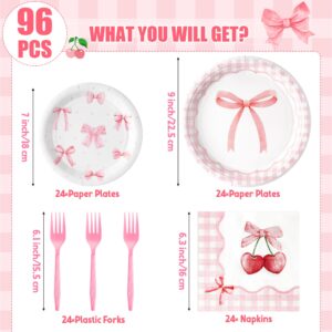 G1ngtar 96Pcs Pink Bow Party Plates Supplies - Coquette Cute Party Tableware Decorations Disposable Paper Plates Napkins Forks for Girl Bachelorette Bridal Engagement Birthday, Serves 24 Guests