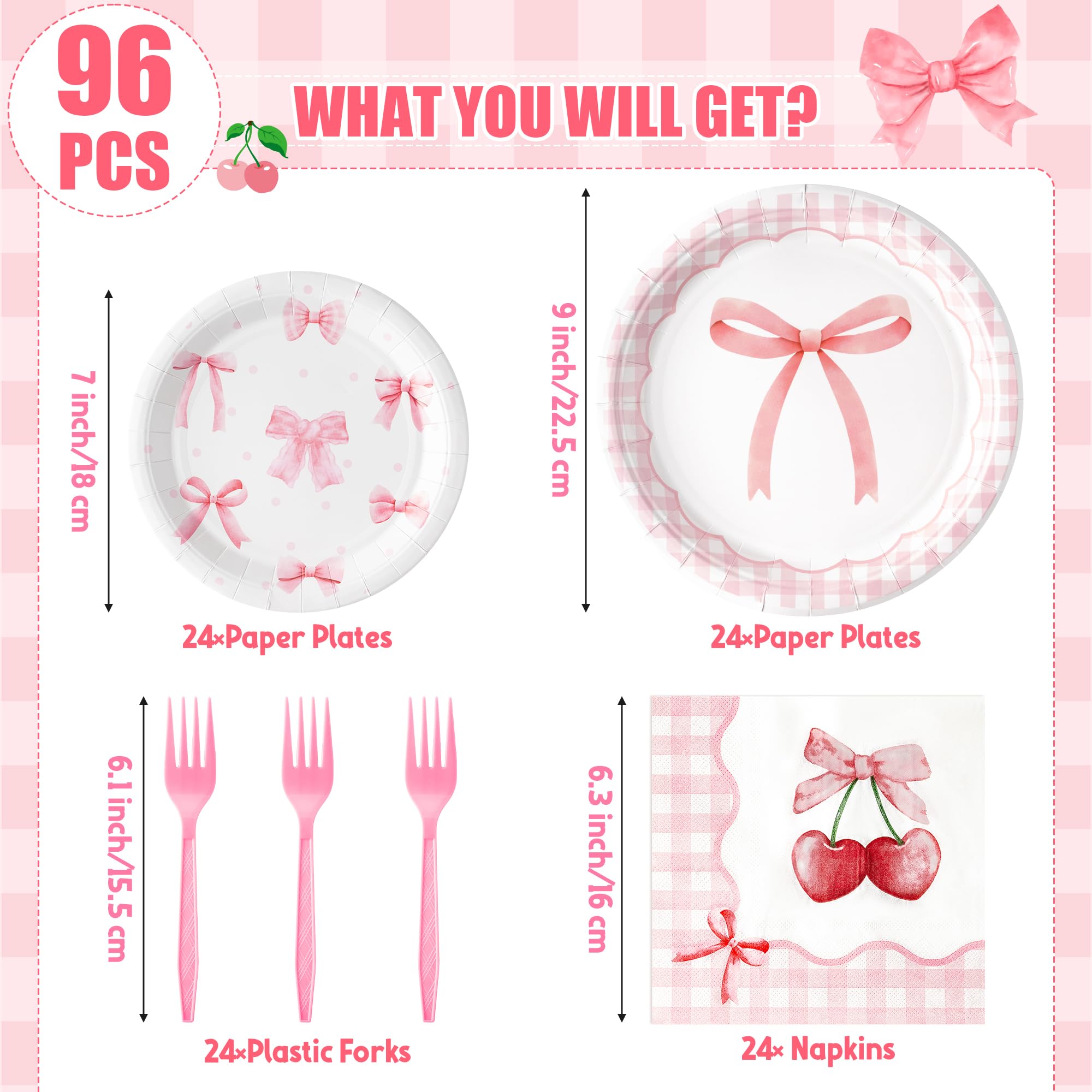 G1ngtar 96Pcs Pink Bow Party Plates Supplies - Coquette Cute Party Tableware Decorations Disposable Paper Plates Napkins Forks for Girl Bachelorette Bridal Engagement Birthday, Serves 24 Guests