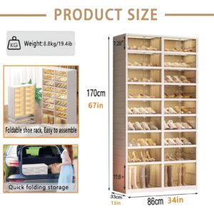 9-Tier Foldable Shoe Rack Organizer for Closet with Wheels, 36-40 Pairs Collapsible Shoe Storage Cabinet with Lids and Magnetic Clear Door, Large Capacity Stackable Shoes Boxes Shelf for Entryway