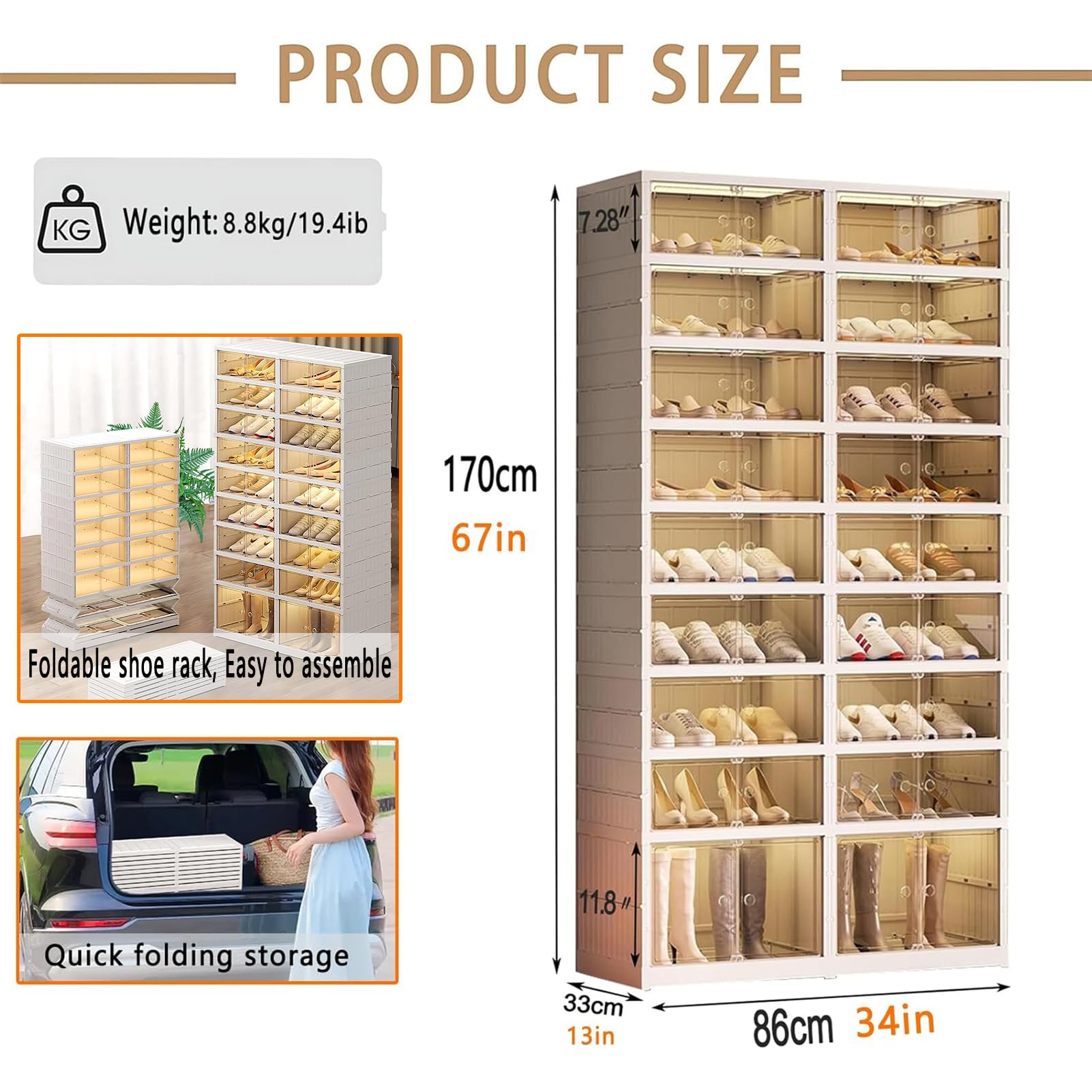 9-Tier Foldable Shoe Rack Organizer for Closet with Wheels, 36-40 Pairs Collapsible Shoe Storage Cabinet with Lids and Magnetic Clear Door, Large Capacity Stackable Shoes Boxes Shelf for Entryway