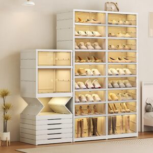 9-tier foldable shoe rack organizer for closet with wheels, 36-40 pairs collapsible shoe storage cabinet with lids and magnetic clear door, large capacity stackable shoes boxes shelf for entryway