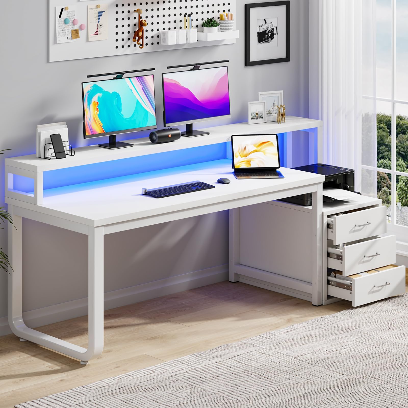 White Desk with 3 Drawers, 67 Inch White Computer Desk with Long Hutch, Home Office Desk with Storage, Home Office Desk with LED Light and Printer Stand, Heavy Duty Leg, Monitor Shelf for Bedroom