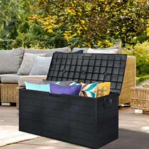 75 Gallon Outdoor Storage Box, Large Outdoor Storage Boxes for Garden Tools Outdoor Garden Plastic Storage Deck Box Chest Tools Cushions Toys Lockable Seat Black