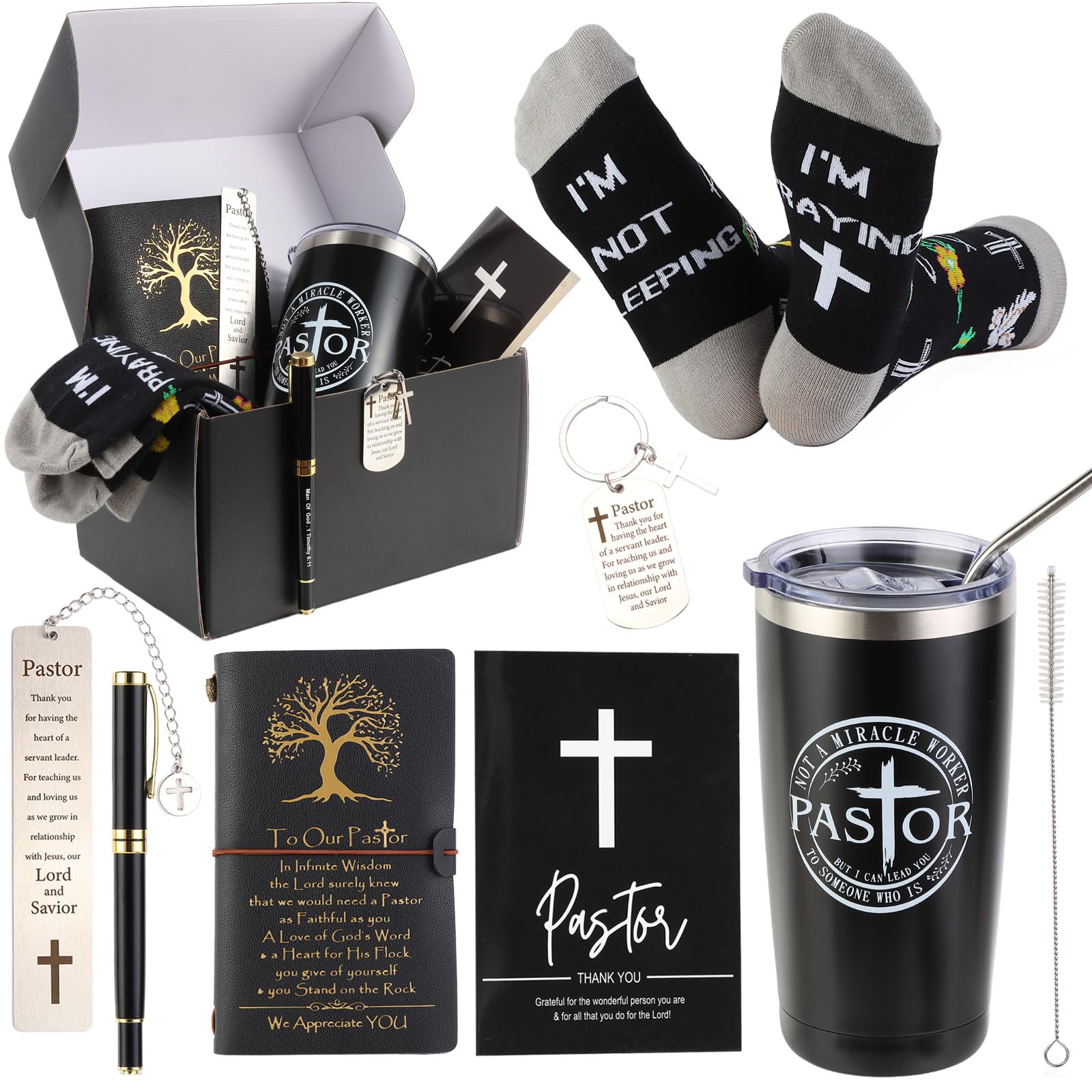 Bayelove Pastor Appreciation Gifts for Men Christian Pastor Gifts Unique Pastor Gifts for Pastors Including Leather Journal Pastor Tumbler Keychain Socks Pen Bookmarks Gift Card for Birthday Christmas