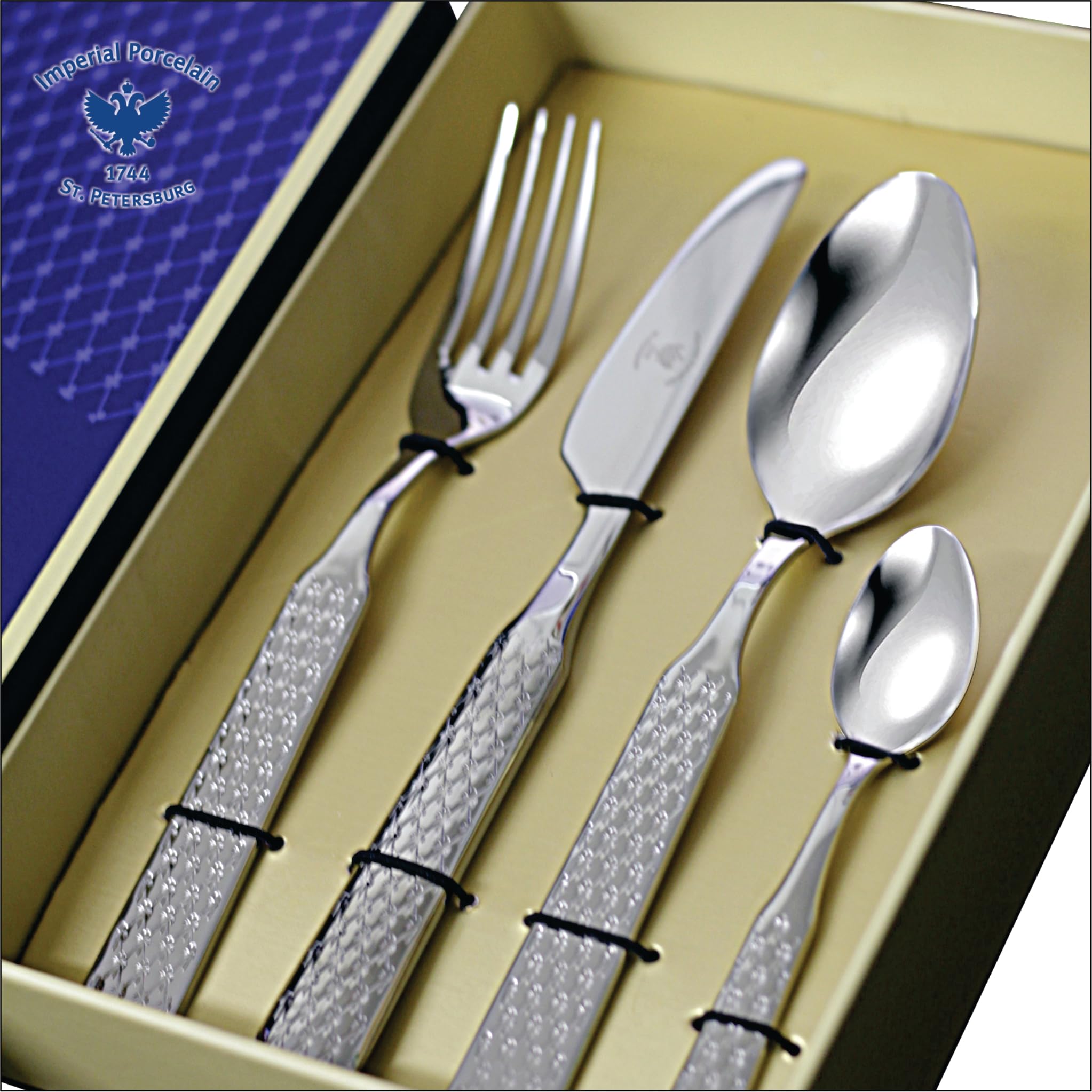 Lomonosov Imperial Porcelain Cobalt Net Blue Silverware Stainless Steel (Spoon, Fork, Knife) 4 Piece Set