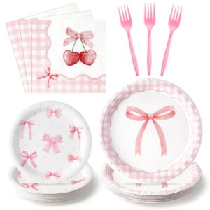 g1ngtar 96pcs pink bow party plates supplies - coquette cute party tableware decorations disposable paper plates napkins forks for girl bachelorette bridal engagement birthday, serves 24 guests