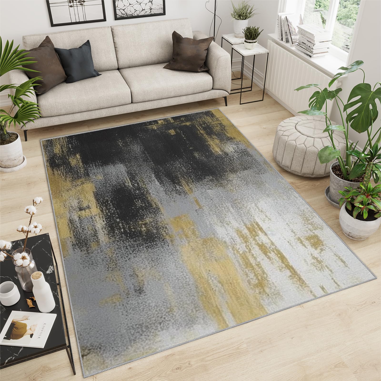 LEGENOB Washable Rugs 2x3 Retro Gold Leaf Pattern Black Area Rug ，Abstract Gradient Black Grey Rug for Living Room ，Anti-Slip Washable Rugs ，Apply to Bedroom Kitchen Dining Room Home Decoe