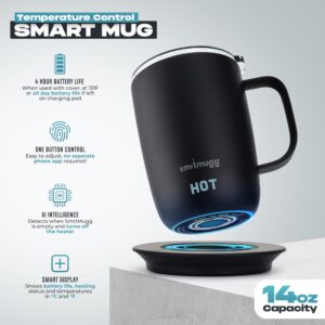 SMRTMUGG PRO Heated Coffee Mug 14 oz., 4 Hour Batter Life, Self-Heating, Adjustable Temperature Controlled, LCD Screen, One Button Temperature Adjustment, Includes Cover with Magnetic Slider (Black)