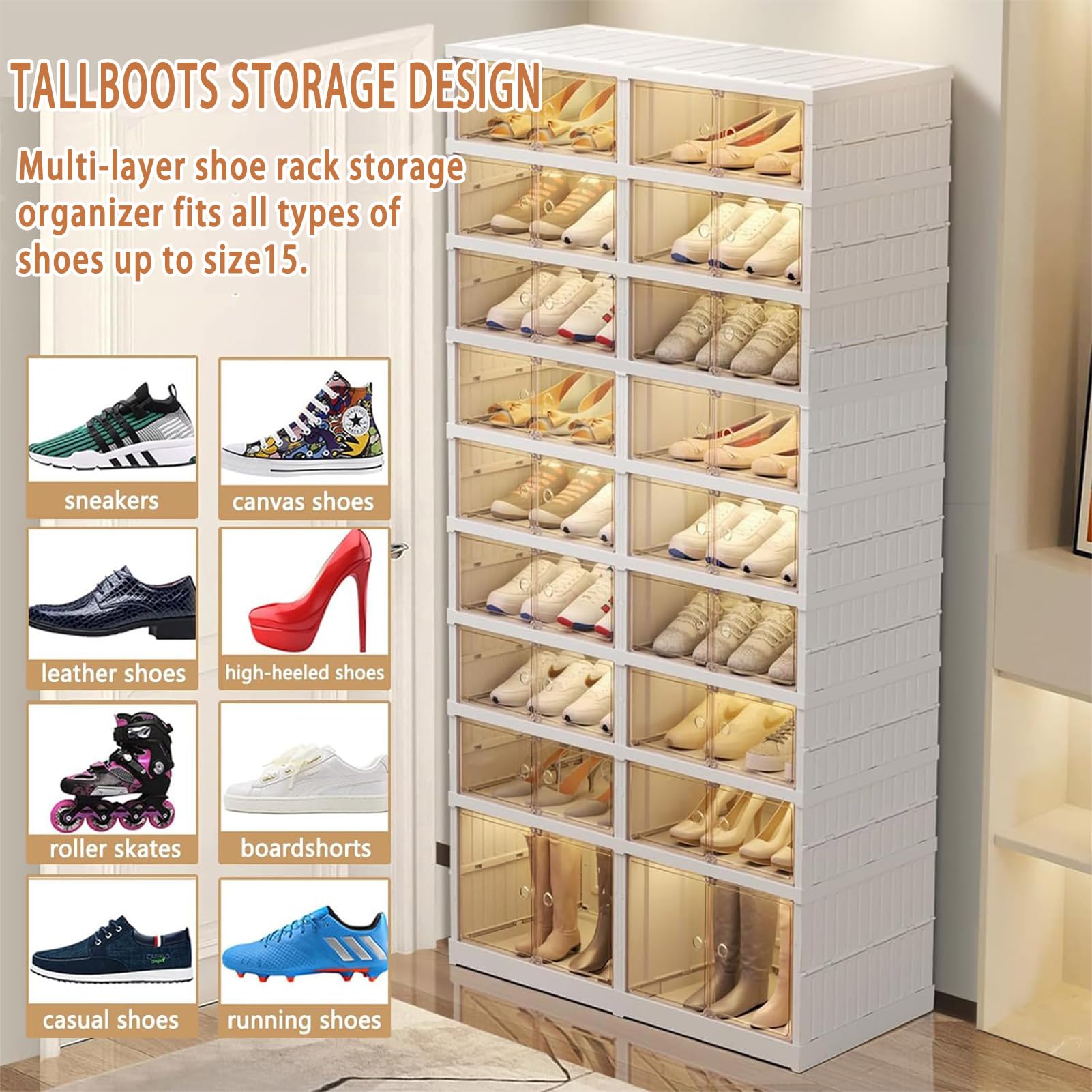 9-Tier Foldable Shoe Rack Organizer for Closet with Wheels, 36-40 Pairs Collapsible Shoe Storage Cabinet with Lids and Magnetic Clear Door, Large Capacity Stackable Shoes Boxes Shelf for Entryway