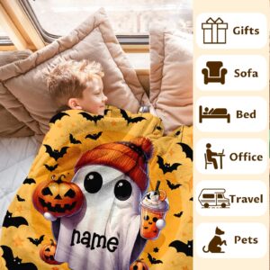 Custom Name Kids Boys Girls Throw Blanket - 40x30 Inches Small Halloween Blanket - Soft Plush Blankets for Chairs, Sofa - Orange Ghost Cute Fuzzy Throws Gifts for Decor