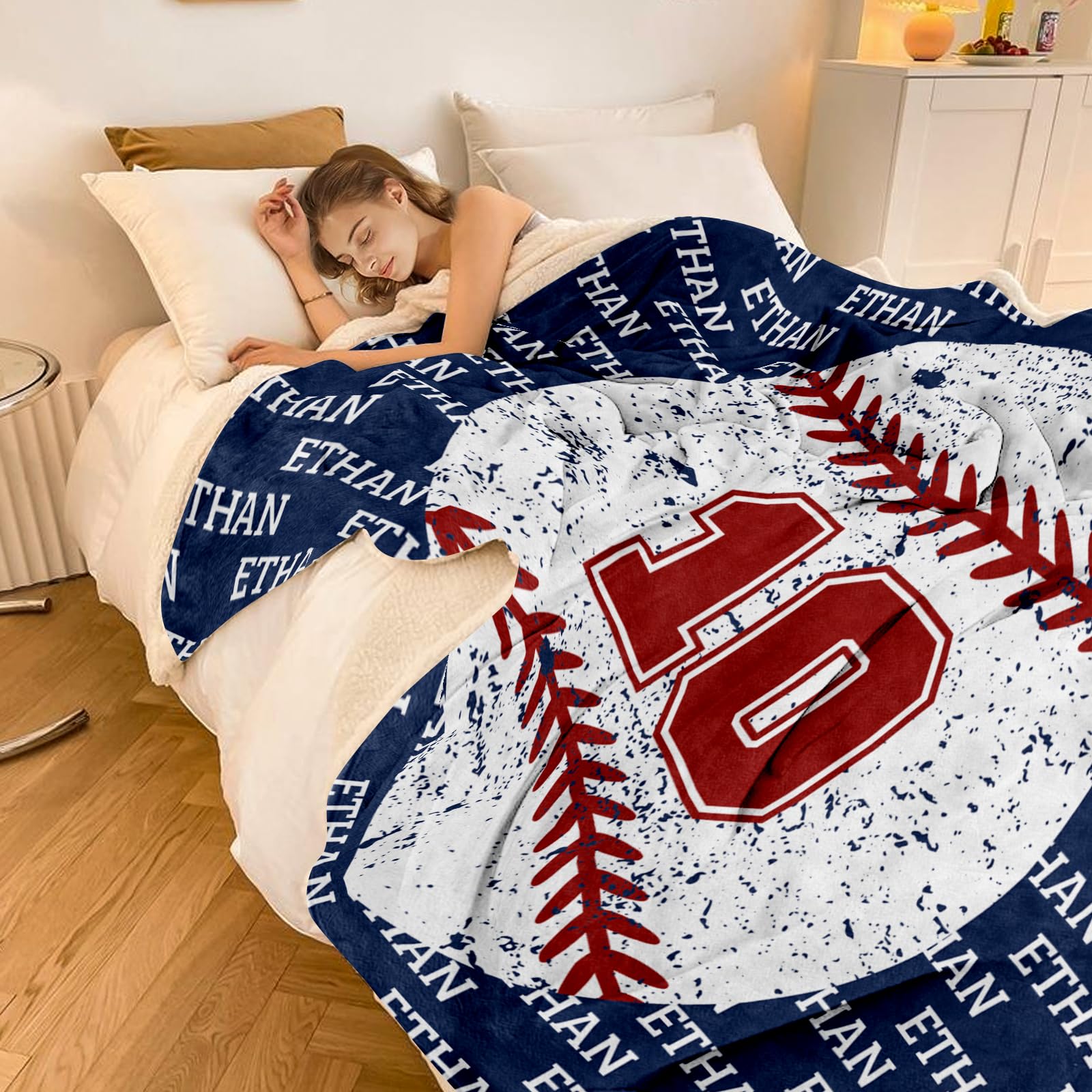 Personalized Baseball Blanket Sherpa Fleece Throw Blankets, Customized Sports Blanket for Boys Kids with Name Numbers, Double Layer Winter Blanket Christmas Birthday Gift Baseball Team Souvenirs