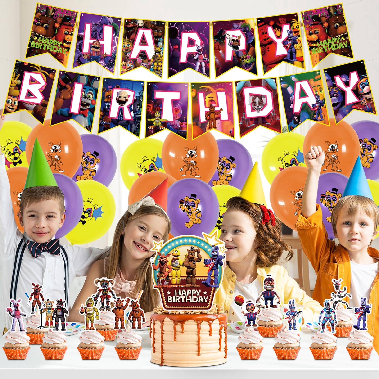 Freddy's Birthday Party Decorations, 5 Nights Decorations include Banner,Cake Toppers, Balloons for Kids Baby Shower Birthday Party Supplies (Purple)