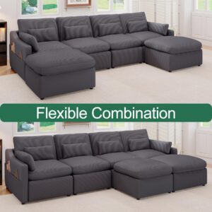 ISHUHL Modular Sectional Sofa, 124.41" U Shaped Couch with Corduroy, Convertible 6 Seat Cloud Couch with Ottomans, Dark Grey Oversized Sectional Couches for Living Room