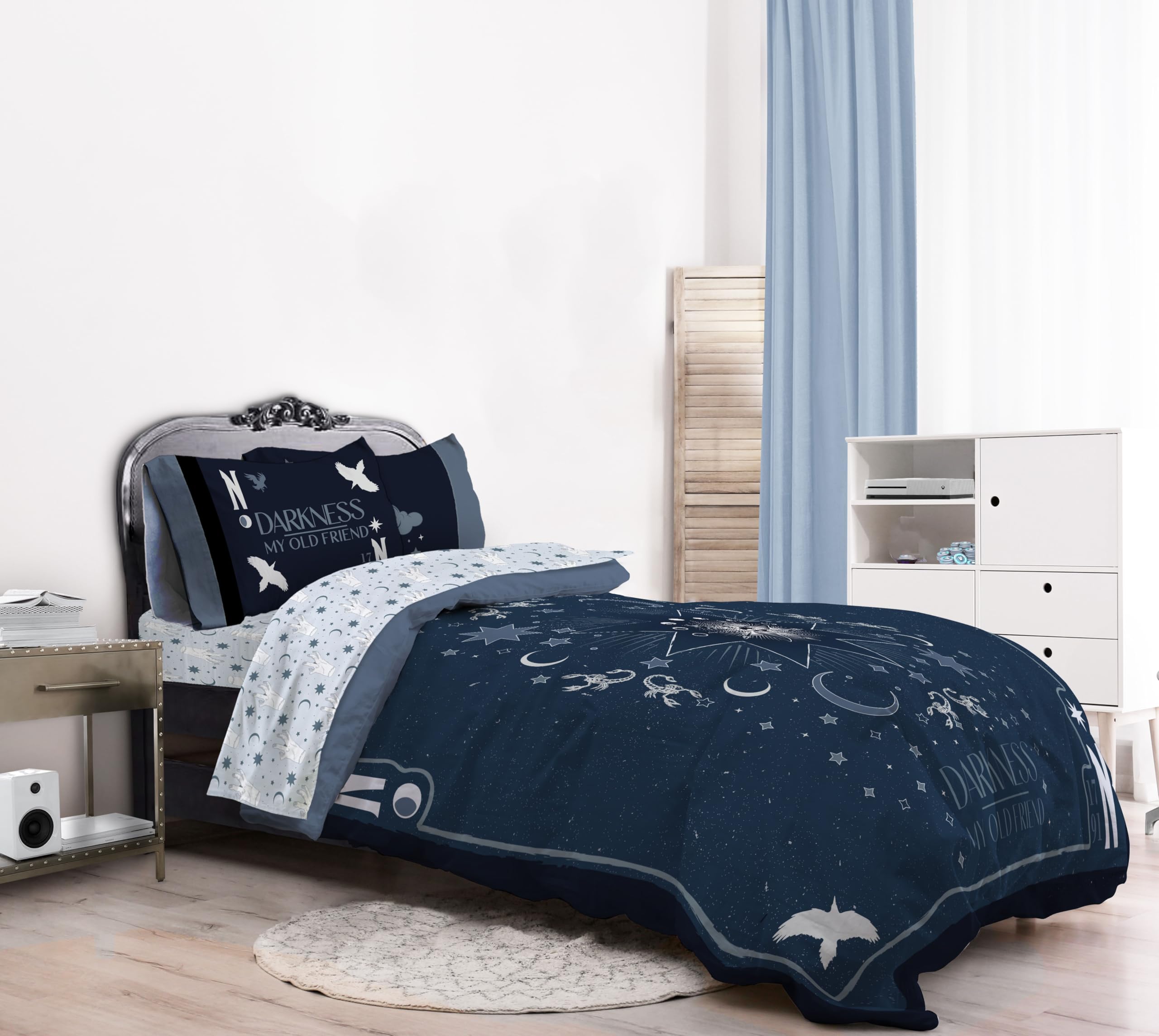 Jay Franco Wednesday Addams Twin Size Comforter Set - 5 Piece Bedding Includes Sheet Set & Pillow Covers - Blue Stars Super Soft Cozy Bedding