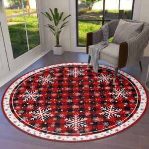 red christmas round area rug 4ft buffalo plaid farmhouse snowflake washable outdoor indoor carpet runner rug for bedroom,kitchen,bathroom,living/dining/laundry room,office large bath door floor mat