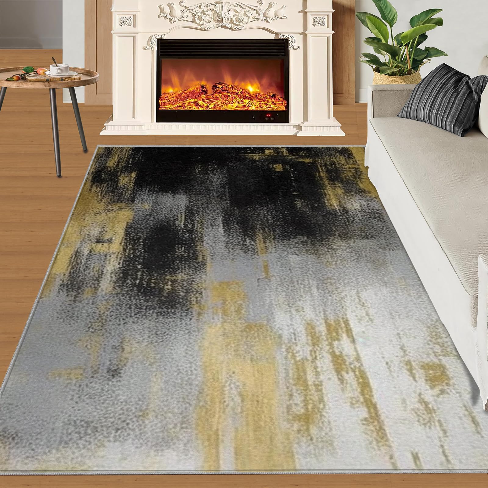 LEGENOB Washable Rugs 2x3 Retro Gold Leaf Pattern Black Area Rug ，Abstract Gradient Black Grey Rug for Living Room ，Anti-Slip Washable Rugs ，Apply to Bedroom Kitchen Dining Room Home Decoe