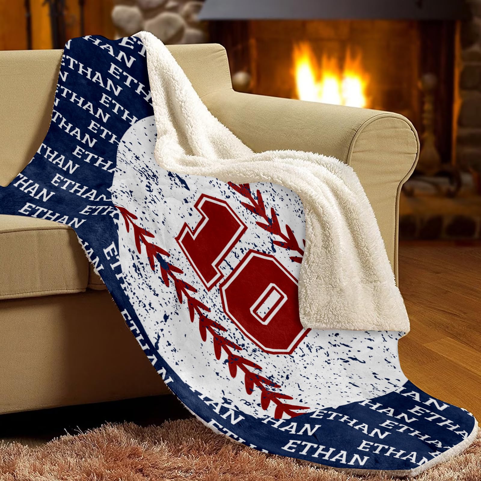 Personalized Baseball Blanket Sherpa Fleece Throw Blankets, Customized Sports Blanket for Boys Kids with Name Numbers, Double Layer Winter Blanket Christmas Birthday Gift Baseball Team Souvenirs