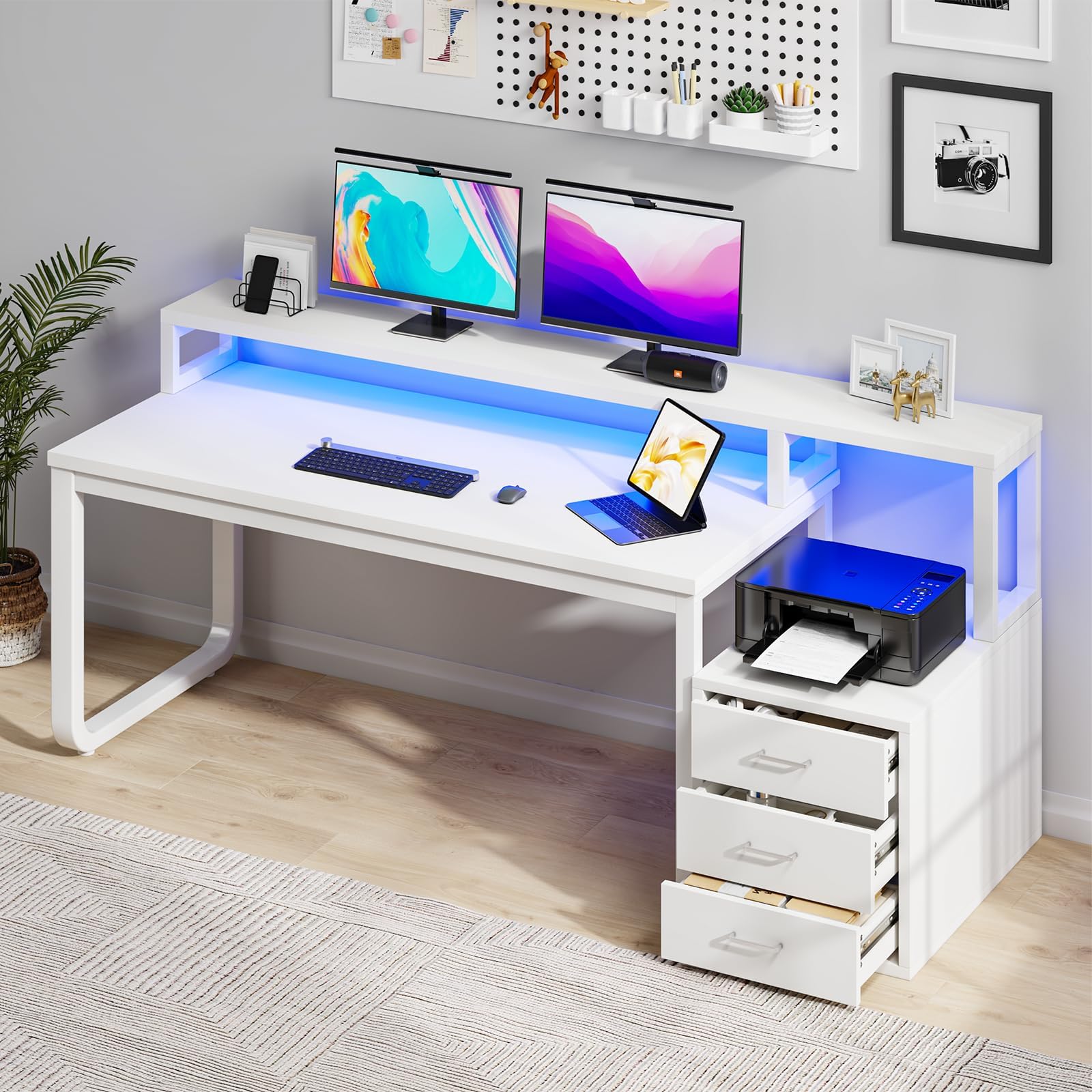 White Desk with 3 Drawers, 67 Inch White Computer Desk with Long Hutch, Home Office Desk with Storage, Home Office Desk with LED Light and Printer Stand, Heavy Duty Leg, Monitor Shelf for Bedroom