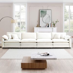 Aoowow Modern Modular Sectional Sofa,150.4 Inch Corduroy Upholstered 4-Seater Sofa Comfy Cloud Deep Seat Couches with 4 Throw Pillows and 2 Armrest Pillows for Living Room Bedroom Apartment(Beige)