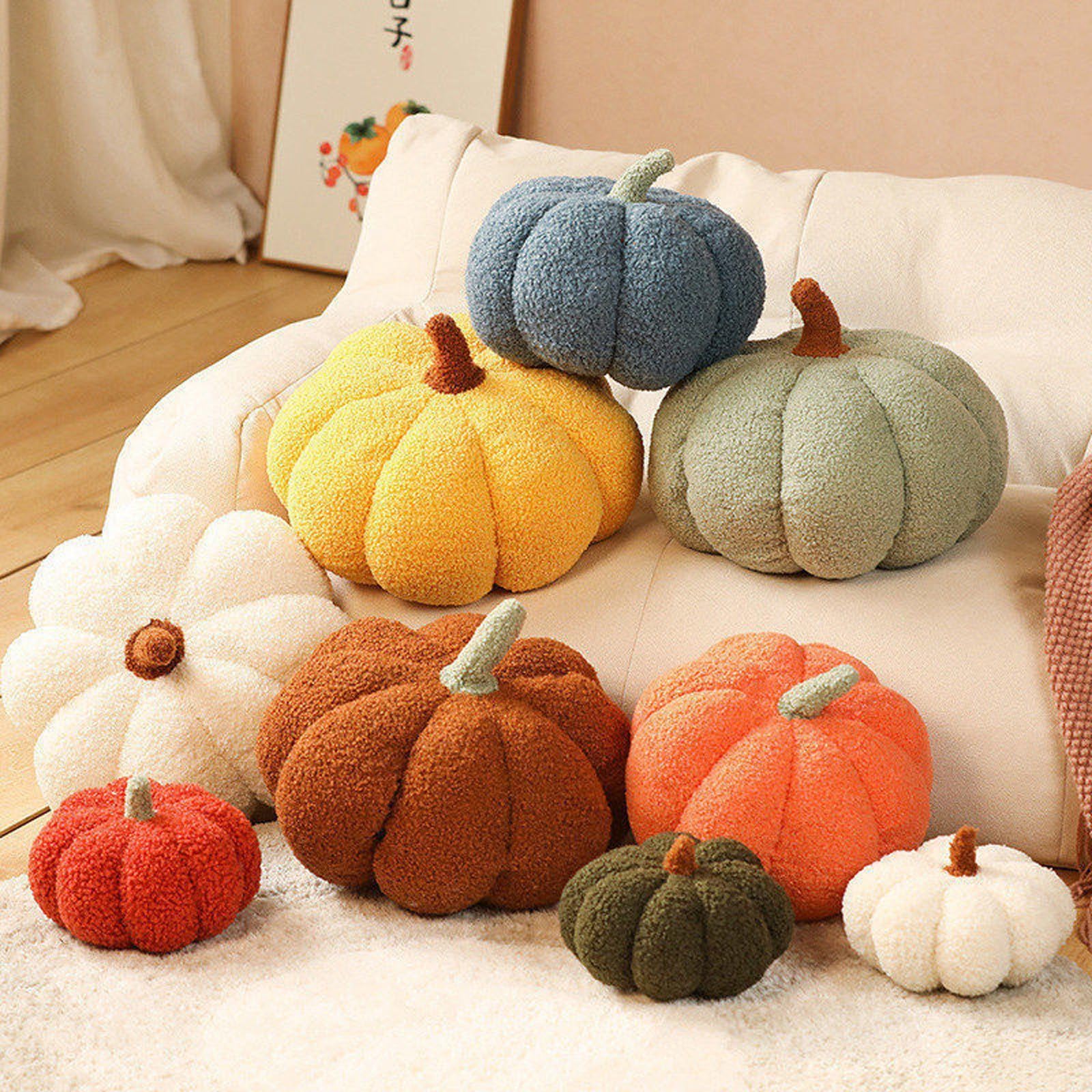 Keludu Halloween Plush Pumpkin Throw Pillow, Stuffed Animal Soft Toys 3D Pumpkin Shape Sofa Cushion for Home Decor (Orange, 12 Inch)