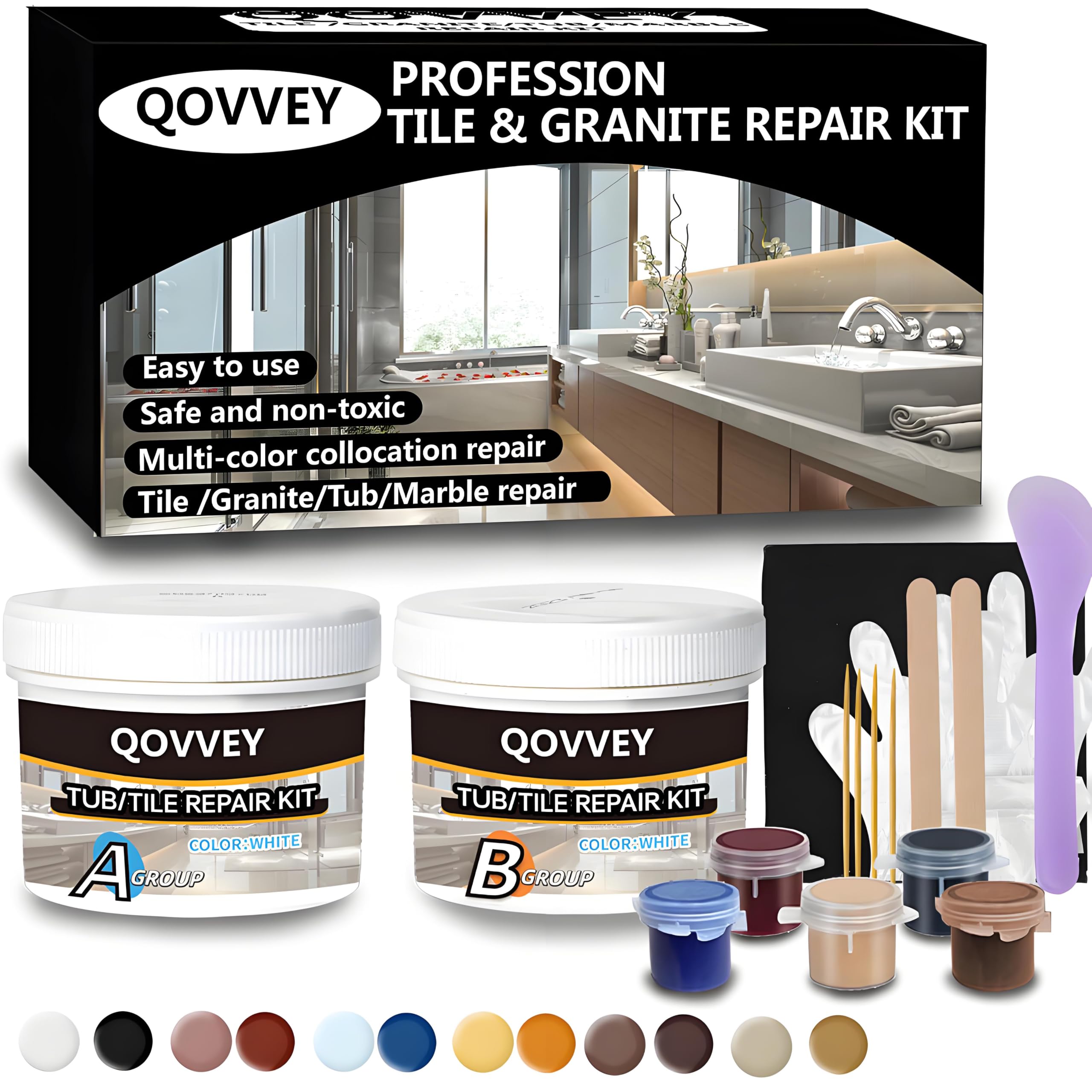 Tile & Fiberglass Quartz Countertop Repair Kit (Color Match), Granite & Tub Repair Kit, 4 oz Porcelain Sink Mable Chip Repair Kit for Cracks Chips Dents Holes Almond Biscuit Bone (Multicolored)