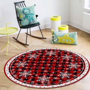 Red Christmas Round Area Rug 4ft Buffalo Plaid Farmhouse Snowflake Washable Outdoor Indoor Carpet Runner Rug for Bedroom,Kitchen,Bathroom,Living/Dining/Laundry Room,Office Large Bath Door Floor Mat