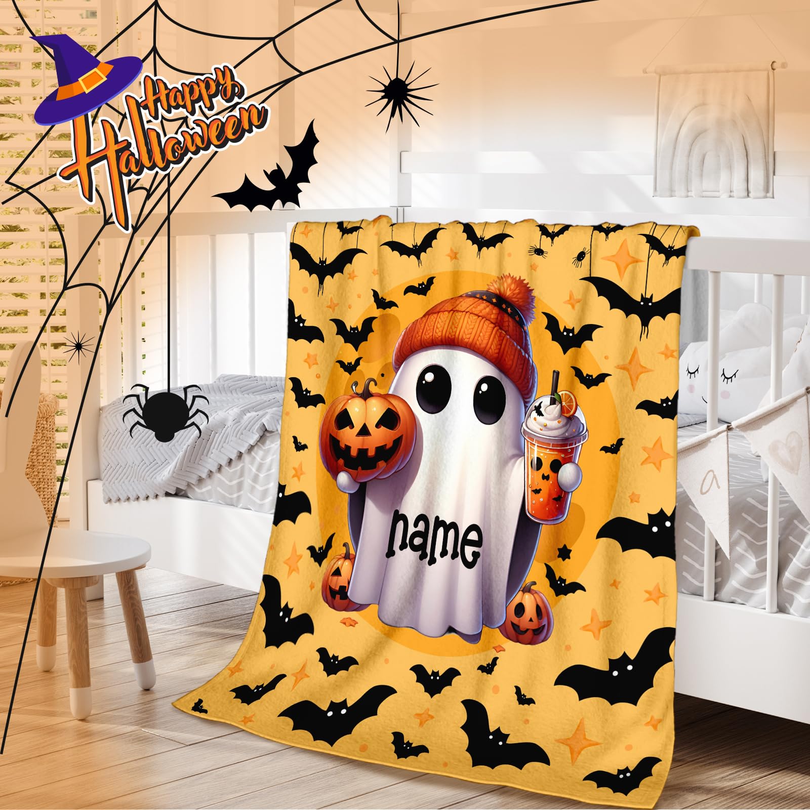 Custom Name Kids Boys Girls Throw Blanket - 40x30 Inches Small Halloween Blanket - Soft Plush Blankets for Chairs, Sofa - Orange Ghost Cute Fuzzy Throws Gifts for Decor