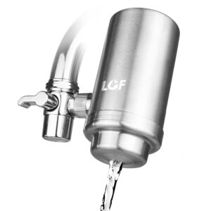 lcf 360° rotating stainless-steel faucet water filter - high flow, mineral-enhanced tap water filter, reduces chlorine, heavy metals and bad taste, easy install, 320 gallons, kitchen sink ideal