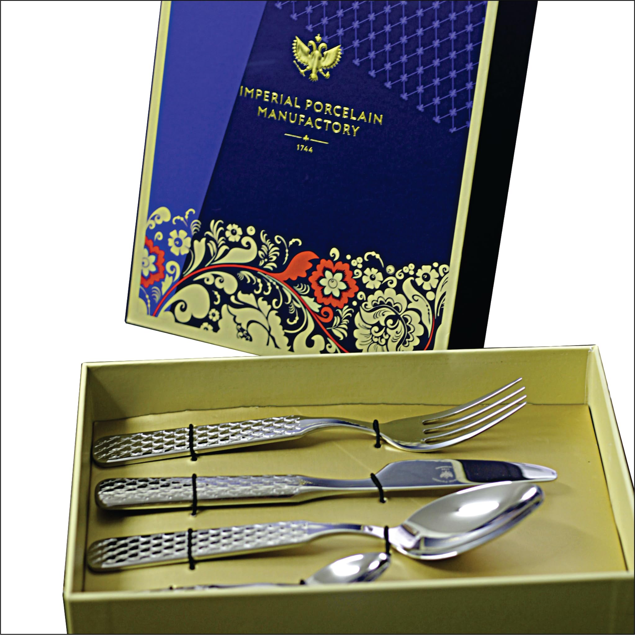 Lomonosov Imperial Porcelain Cobalt Net Blue Silverware Stainless Steel (Spoon, Fork, Knife) 4 Piece Set