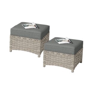 hooowooo 2 piece patio ottoman set,outdoor wicker ottomans,all weather resistant rattan deck ottoman matching furniture(dark grey gray)