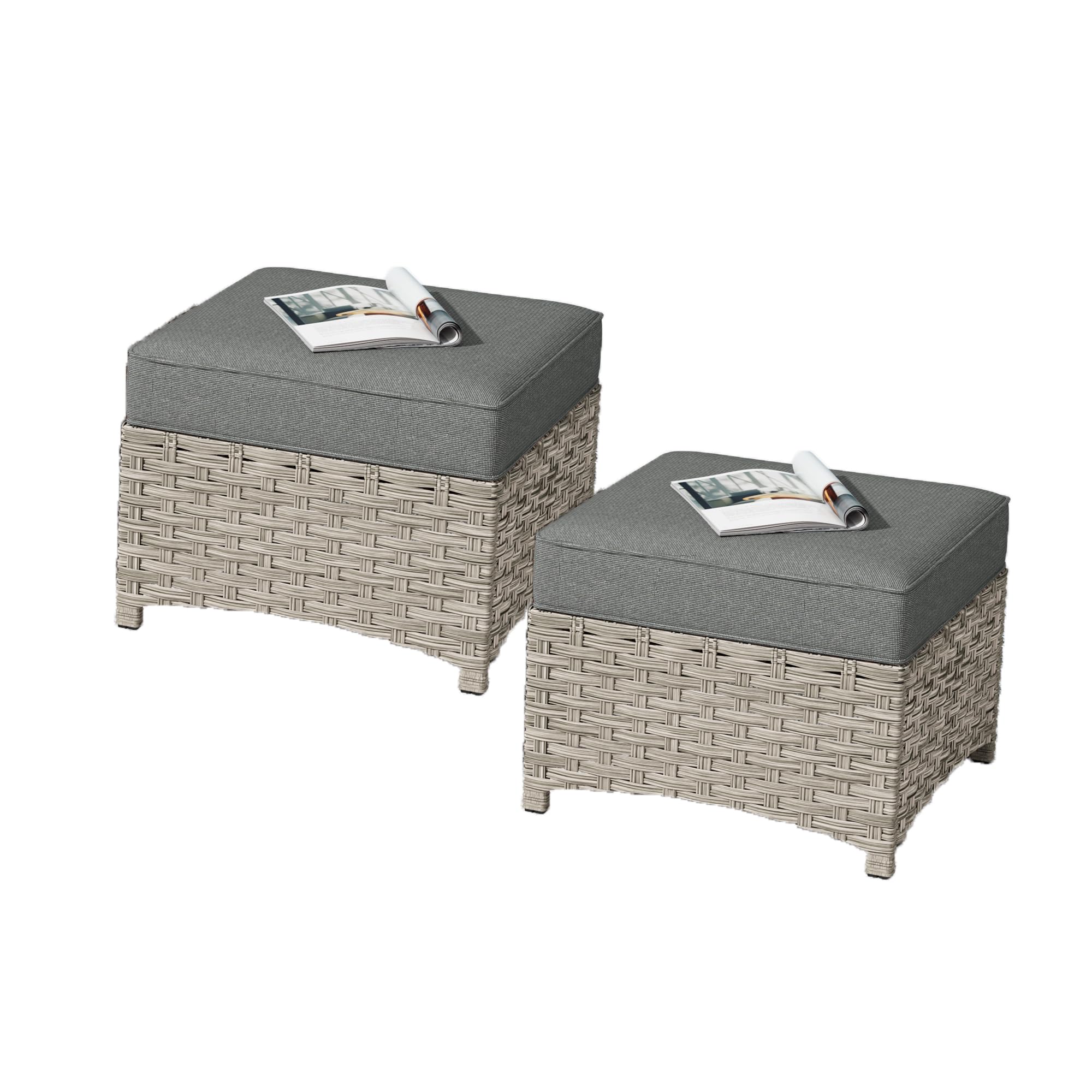 HOOOWOOO 2 Piece Patio Ottoman Set,Outdoor Wicker Ottomans,All Weather Resistant Rattan Deck Ottoman Matching Furniture(Dark Grey Gray)